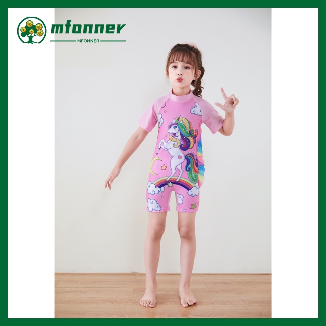 Bộ Đồ Bơi 2 Món Ngắn Tay Họa Tiết Kỳ Lân Hoạt Hình Cho Bé Gái