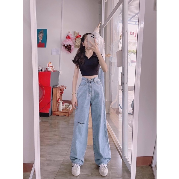 Set Baggy Jeans Ống Suông Rách 1line + Crop Petter Đen