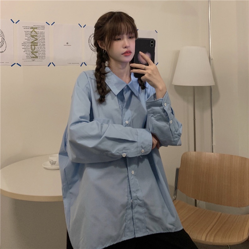 【ZHELIHANGFEI】Áo Sơ Mi Tay Dài Dáng Rộng Cổ Bẻ Dễ Phối Đồ Hợp Thời Trang