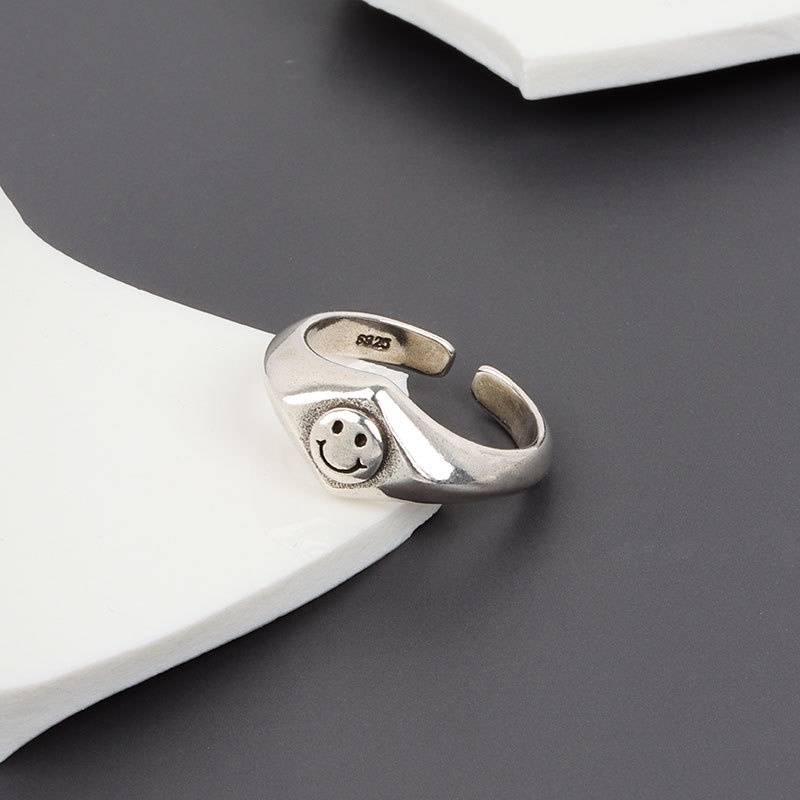 Nhẫn Hở Hình Học Mặt Cười Màu Bạc Có Thể Điều Chỉnh Kích Cỡ Phong Cách Punk Cho Nữ