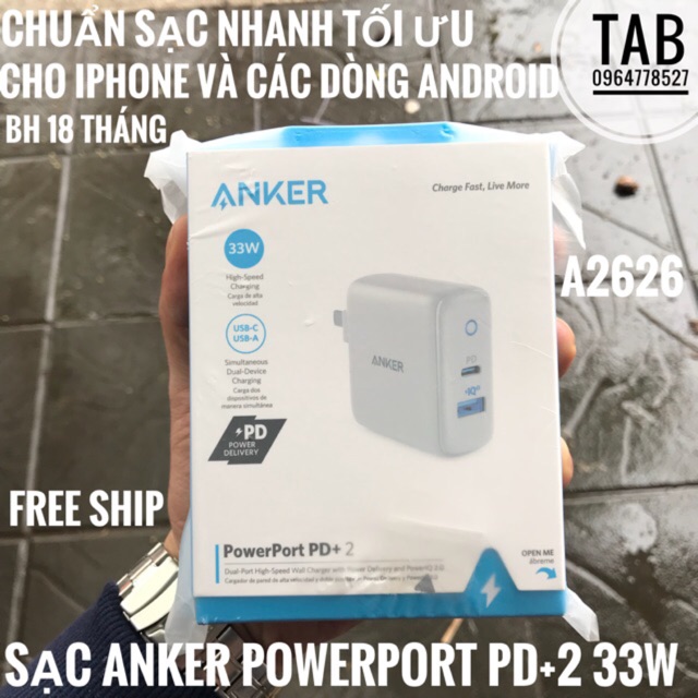 Sạc Anker PowerPort Pd+2 33w , Usb-c PD, PowerIQ2.0 - A2626 ( BH 18 Tháng )