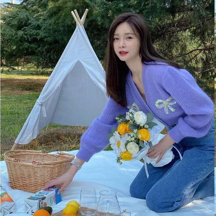 SUXI Áo Cardigan Dệt Kim Dáng Rộng Cổ Chữ V Màu Tím Phối Nơ Xinh Xắn Dành Cho Nữ