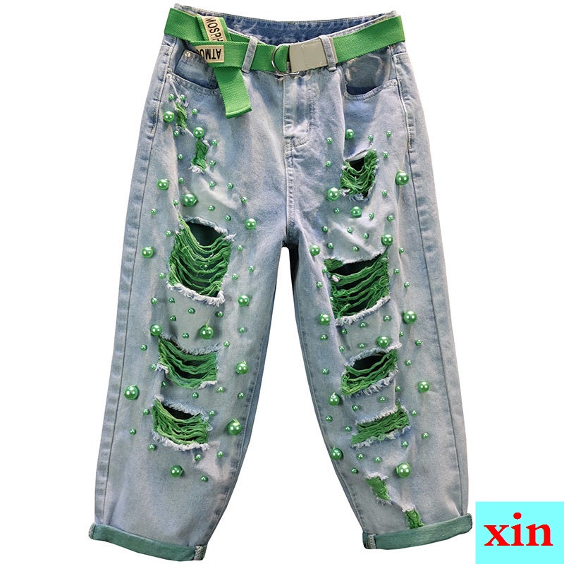 Quần Jean Dáng Rộng Lưng Cao Phối Rách Đính Ngọc Trai Giả Phong Cách Châu Âu Thời Trang Mùa Hè Hàng Mới 2022 Dành Cho Nữ