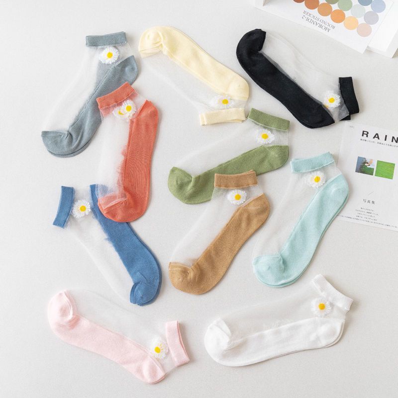 Set 10 Đôi Vớ Trong Suốt Siêu Mỏng Họa Tiết Hoa Cúc Phong Cách Hàn Quốc Cho Nữ