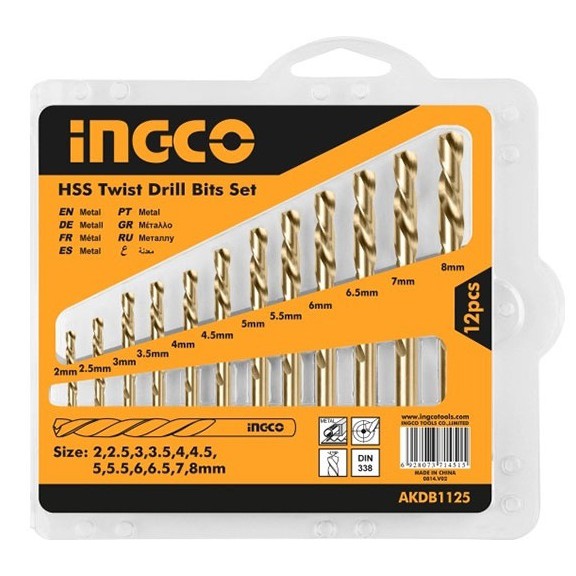 INGCO Bộ 12 mũi khoan kim loại 2-8mm HSS AKDB1125