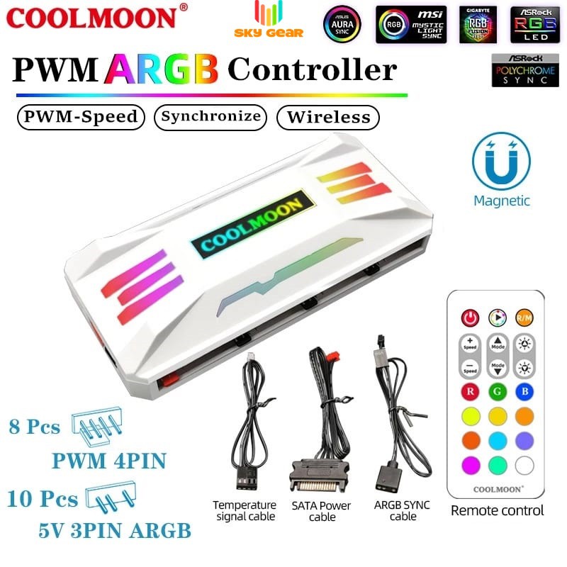 Bộ Hub Coolmoon P-ARGB v2, 8 cổng 4 pin PWM + 10 cổng Led 3 pin 5v ARGB Trắng / Đen