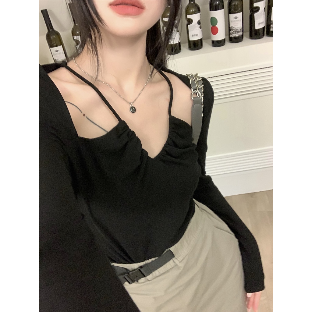 Áo Sơ Mi Tay Dài Cổ Chữ V Không Đối Xứng Màu Trơn Kiểu Mỹ
