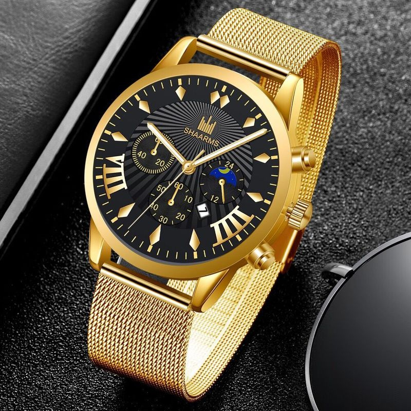 [Men Fashion Round Big Dial Date Calendar Simple Style Watches] [Men Stainless Steel Mesh Belt Quartz Watch] [Men Minimalist Business Watch]