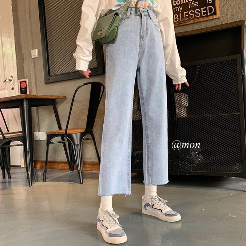 2101351 Quần baggy nữ - quần bò nữ ống vừa form đứng ulzzang màu xanh có size