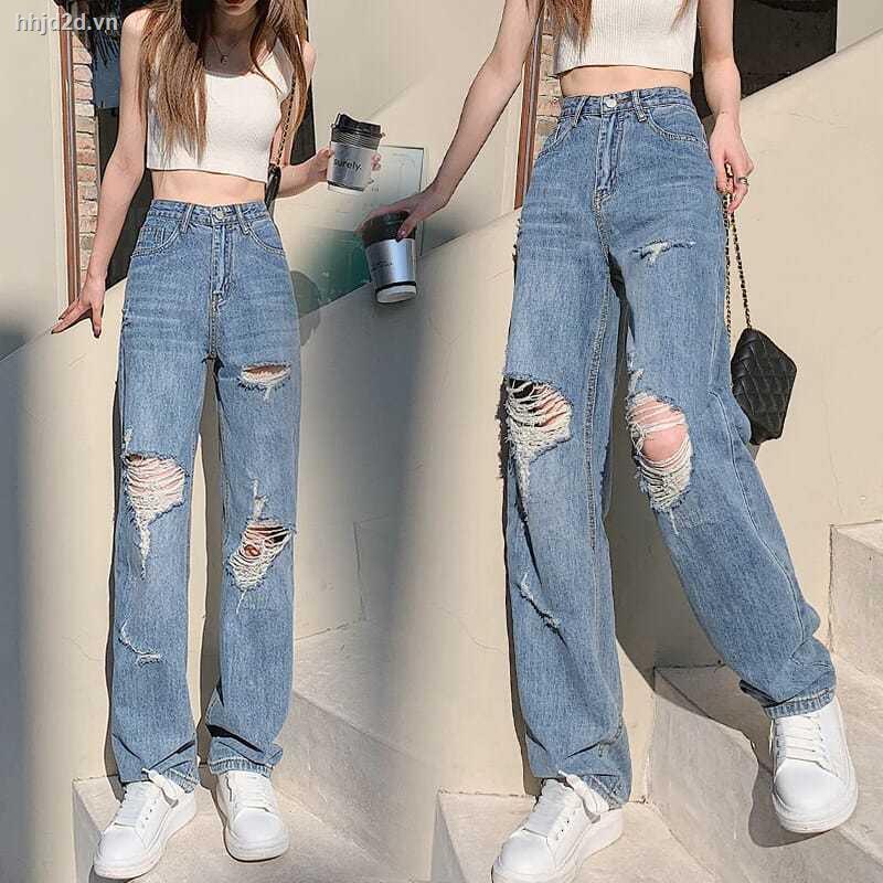 Quần Jean Nữ Ống Rộng Cạp Cao Rách Gối Phong Cách Mới Mùa Thu 2021 Dễ Phối Đồ