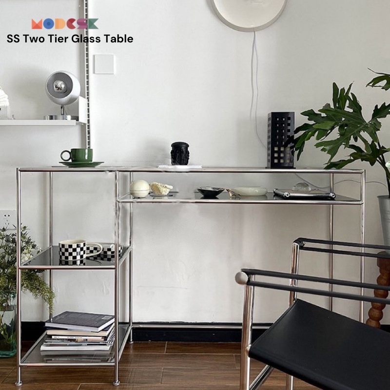 Bàn Studio làm lviệc Modesk SS Two Tier Glass Table khung inox 304, ván MFC An Cường, kính cường lực