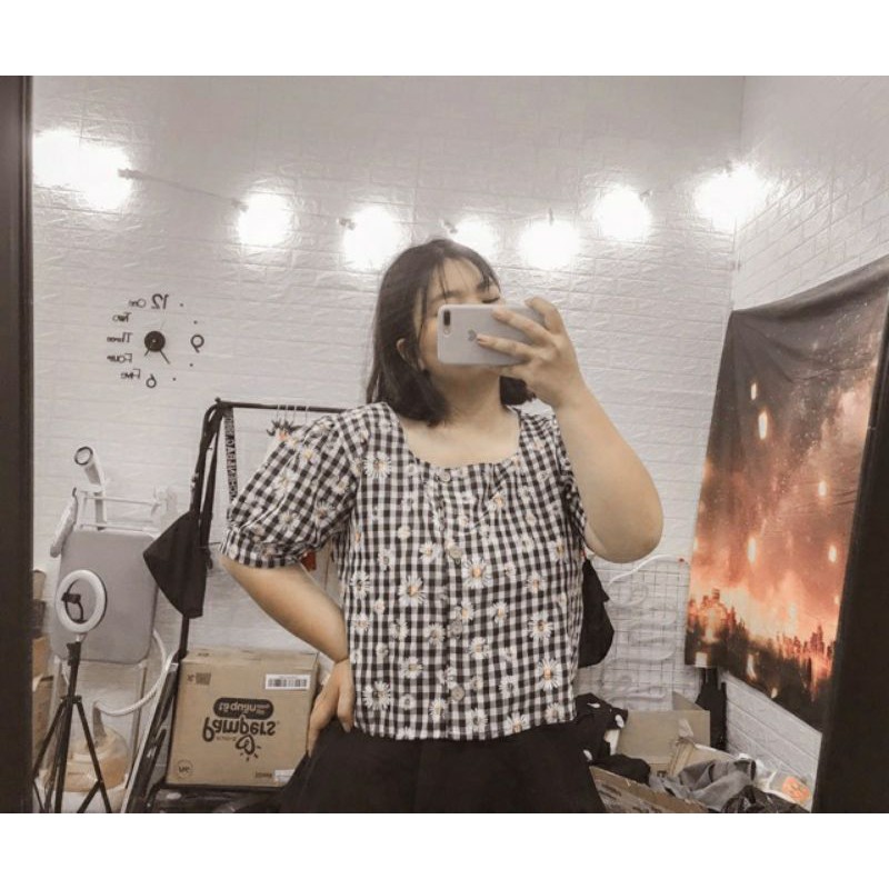Anh BIGSIZE Áo cổ vuông Croptop hoa cúc 65-85kg