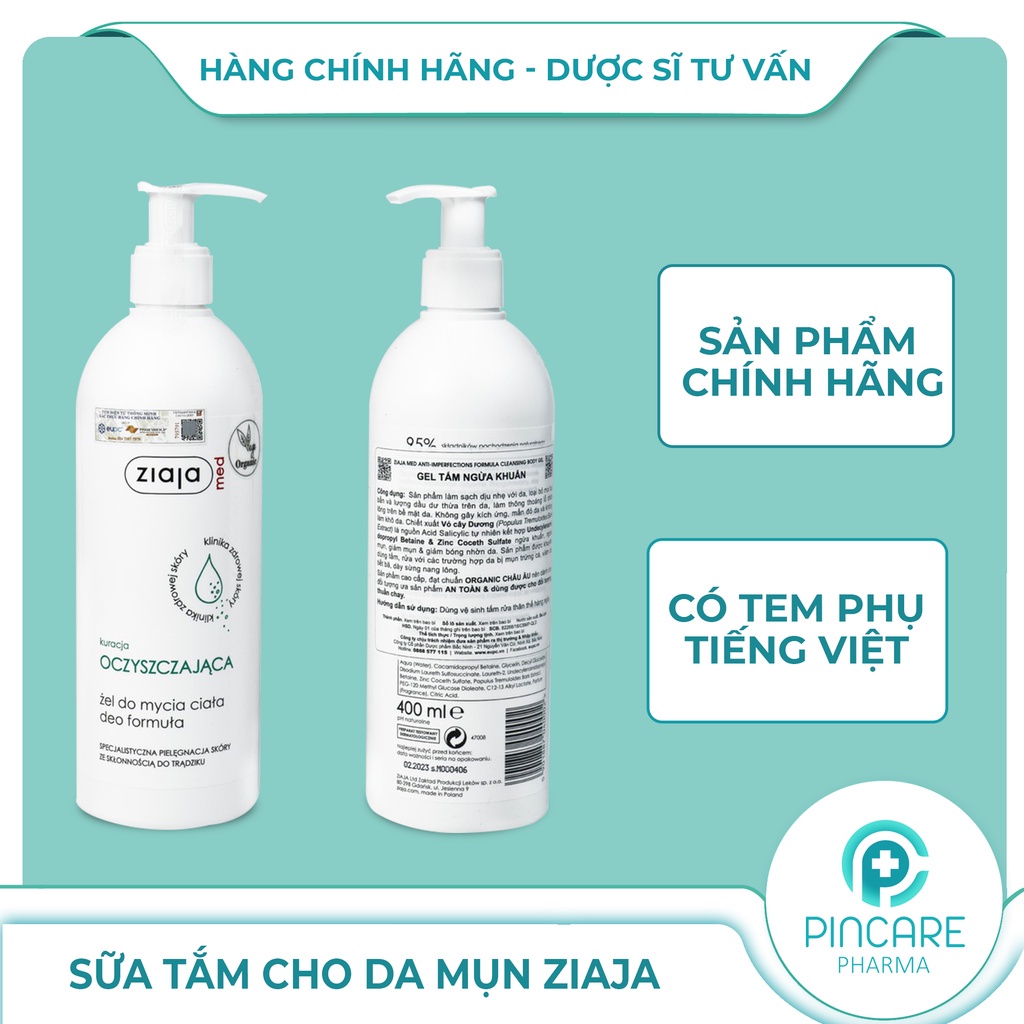 Sữa Tắm Ziaja 400ml Ngừa Khuẩn, Nấm - Hàng chính hãng - Nhà Thuốc Pincare