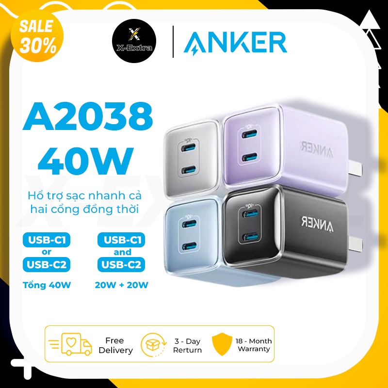 Củ sạc nhanh Anker A2038 521 Nano Pro 40W 2 cổng Type-C 20W + 20W PD PPS QC nhỏ gọn nhiều màu sắc - BH 12 tháng | BigBuy360 - bigbuy360.vn