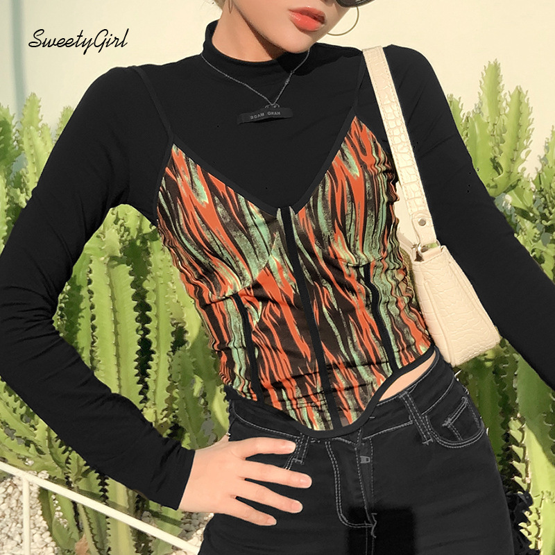 SweetyGirl Fashion Women Two Pieces Clothing Set Multicolor Printing Tank Top + Half High Collar Long Sleeves Crop Top