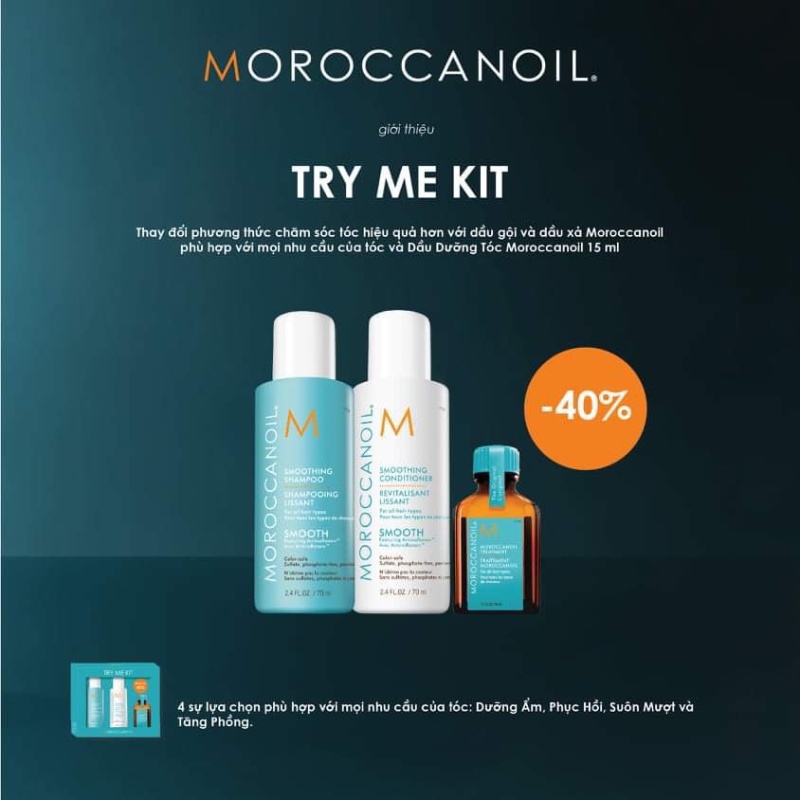 Gội, xả, dưỡng phục hồi tóc xuôn mượt Moroccanoil - Try me kit chính hãng