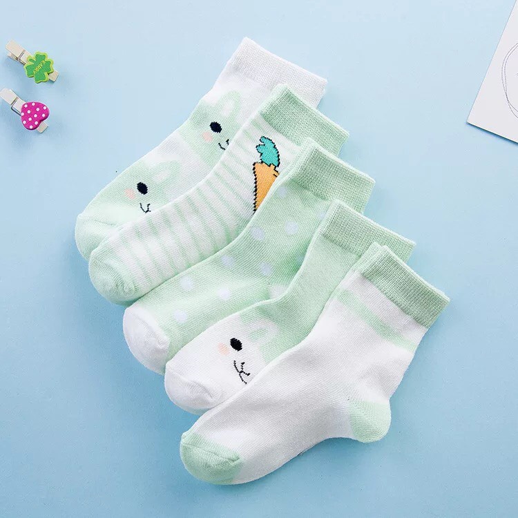 Tất Cho Bé Từ 0 Đến 6 Tuổi Set 5 Đôi Cotton Họa Tiết Hình Thỏ,Thoáng Khí, Co Giãn