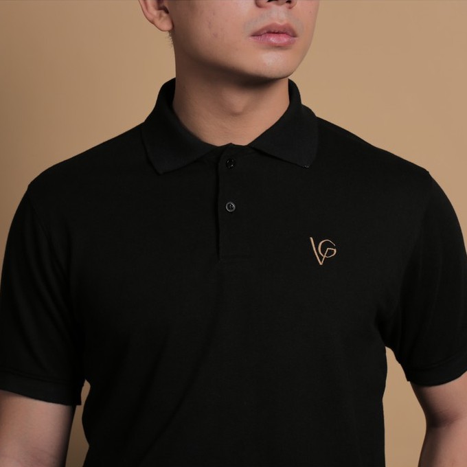 Áo Polo Nam Màu Đen Họa Tiết VG Original Logo Cổ Trơn Thun COTTON co giãn VIGENT