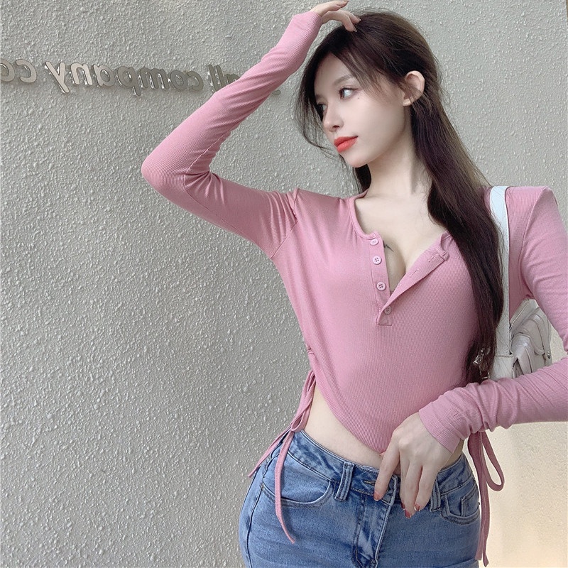 Áo thun tay dài dáng ngắn thiết kế khoét quyến rũ thời trang dành cho nữ