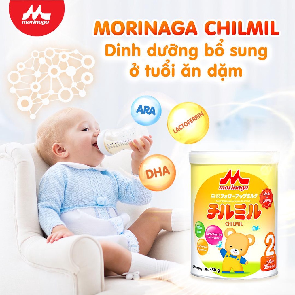 [Tặng 1 lon cùng loại 320gr] Combo 3 hộp sữa Morinaga số 2 Chilmil hộp 850gr - Nguyên tem, nguyên đai [Morinaga]