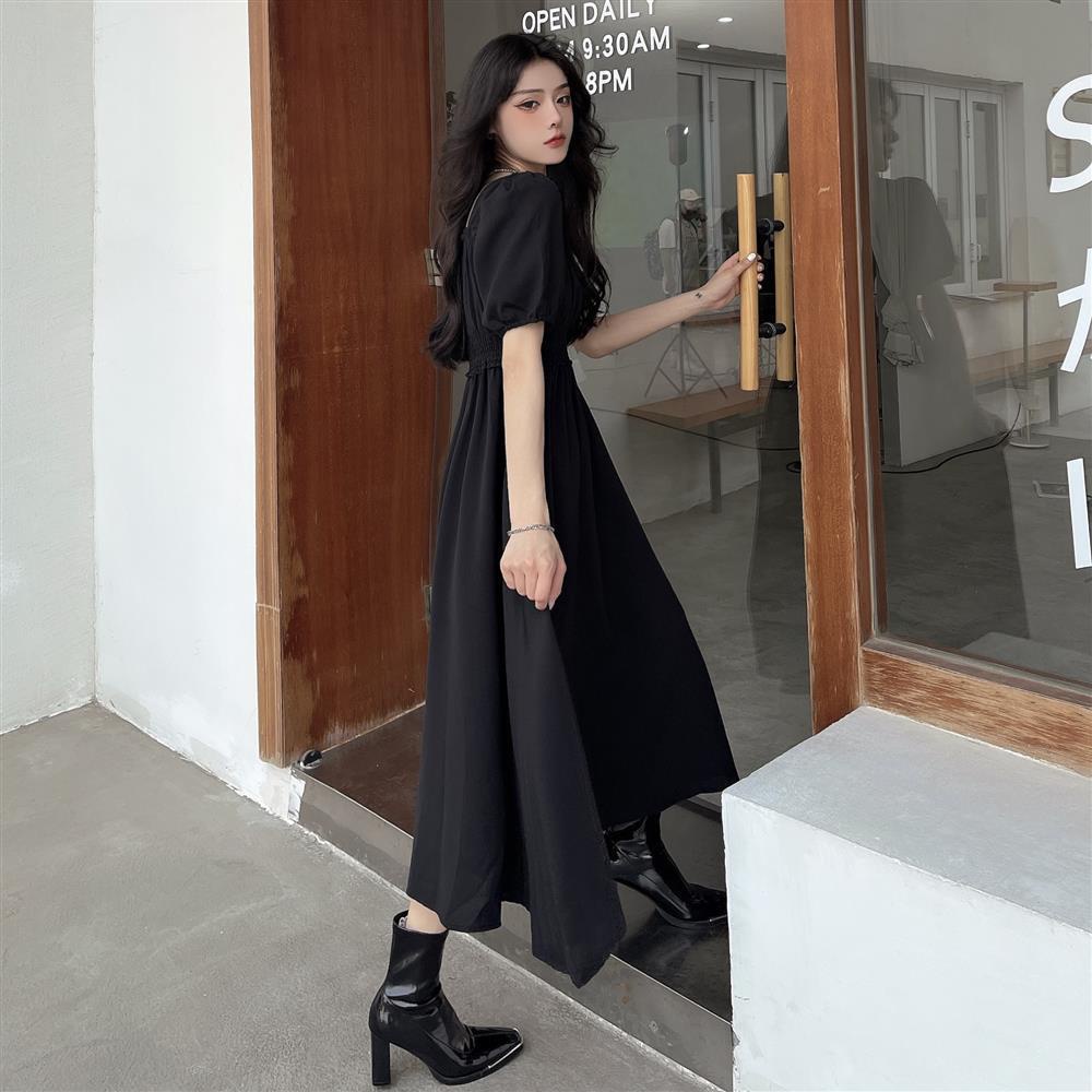 Đầm Dài Lưng Cao Cổ Vuông Màu Đen Co Giãn Tốt Thời Trang Sang Trọng Cho Nữ