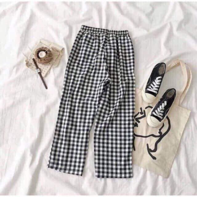 Quần ống suông kẻ caro cạp chun