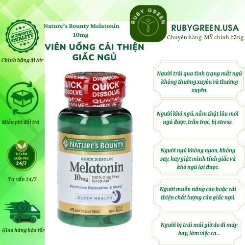 Viên uống hỗ trợ giấc ngủ Nature's Bounty Melatonin 10mg 45 viên