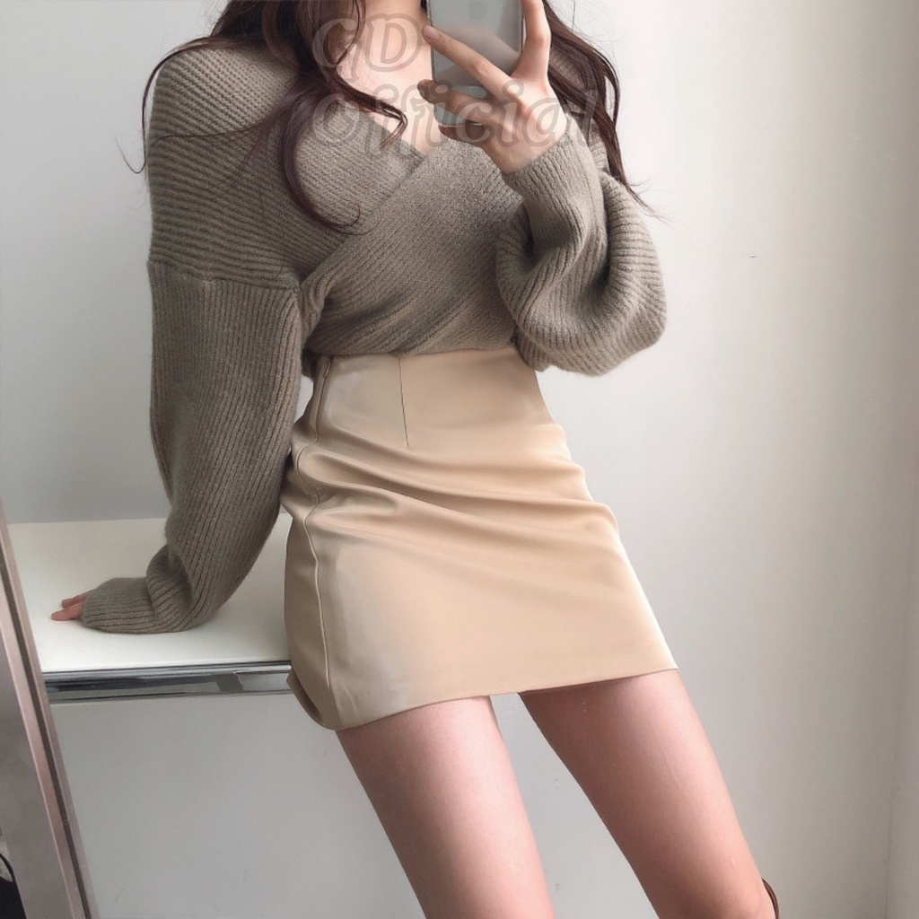 L34|Áo len dệt kim nữ cổ V trơn hở vai dài tay thun gân, váy da pu cạp lưng cao chữ A ngắn xám, kaki, đen GD Official