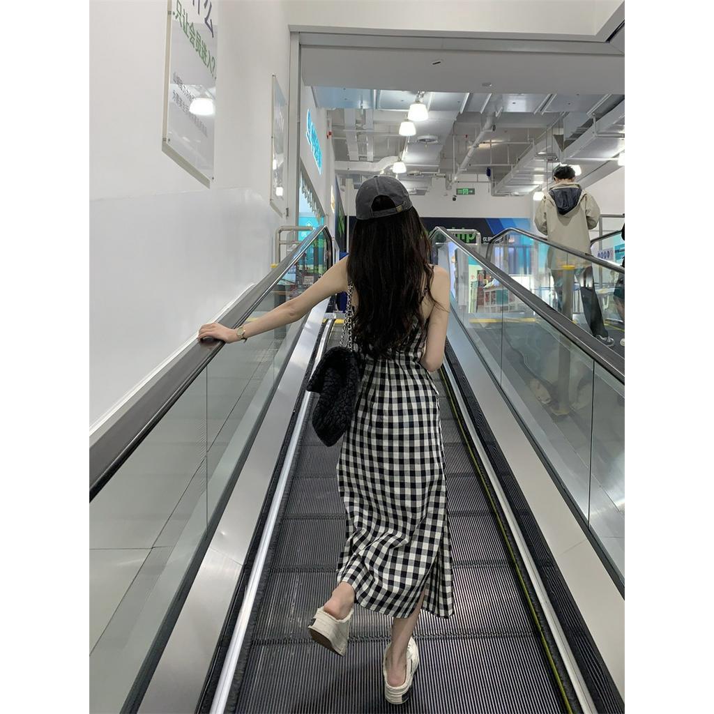 62917 Phong Cách Mới Đầm Hai Dây Kẻ Caro