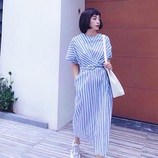 Đầm váy sọc xanh form dài chéo eo (kèm hình thật)