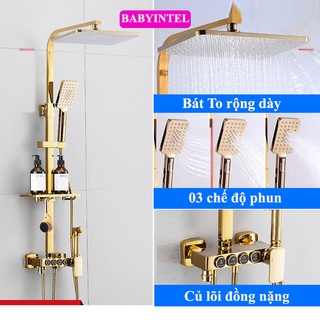 Bộ sen cây tắm đứng nóng lạnh, vòi hoa sen, sen vòi tắm 4 phím bấm Vàng đồng - Hàng Cao cấp