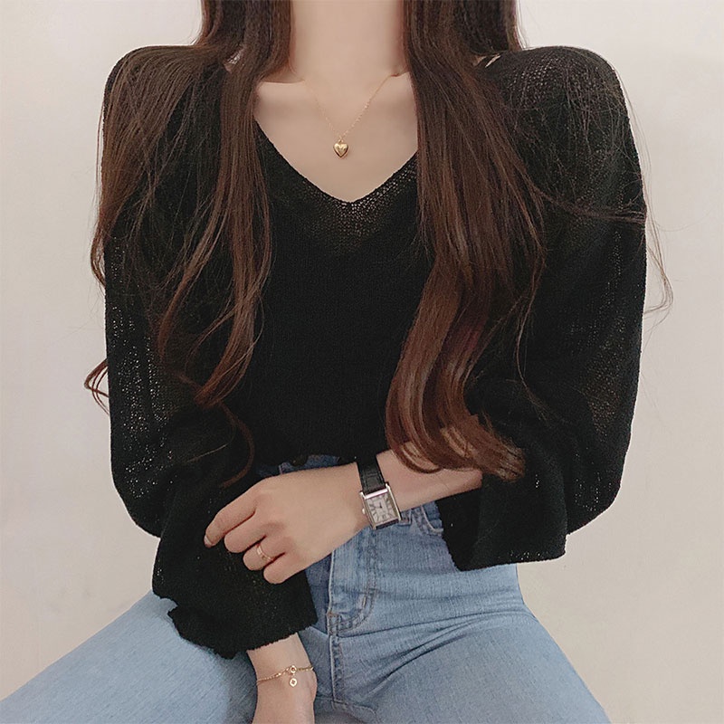 Áo dệt kim YEYA chống nắng tay loe cổ chữ V thắt nơ sau lưng thời trang cho nữ