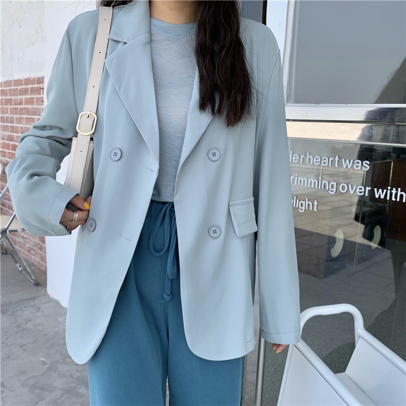 Áo Khoác Blazer Tay Dài Dáng Rộng Màu Sắc Thanh Lịch Cho Nữ