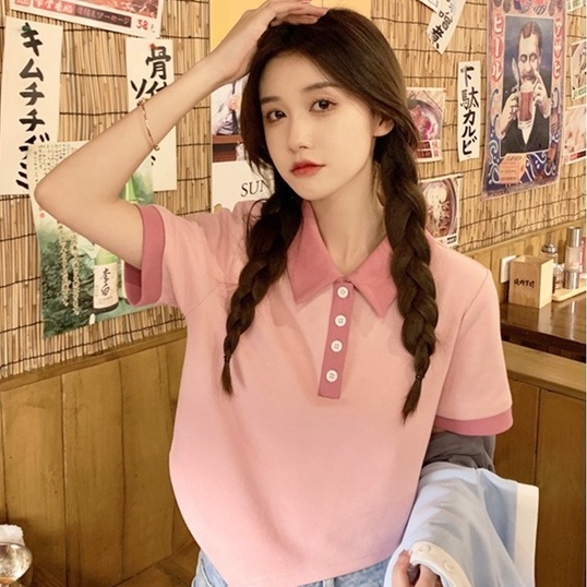 Áo thun lửng ZHELIHANGFEI cổ polo tay ngắn kiểu lệch tà cá tính thời trang dành cho nữ