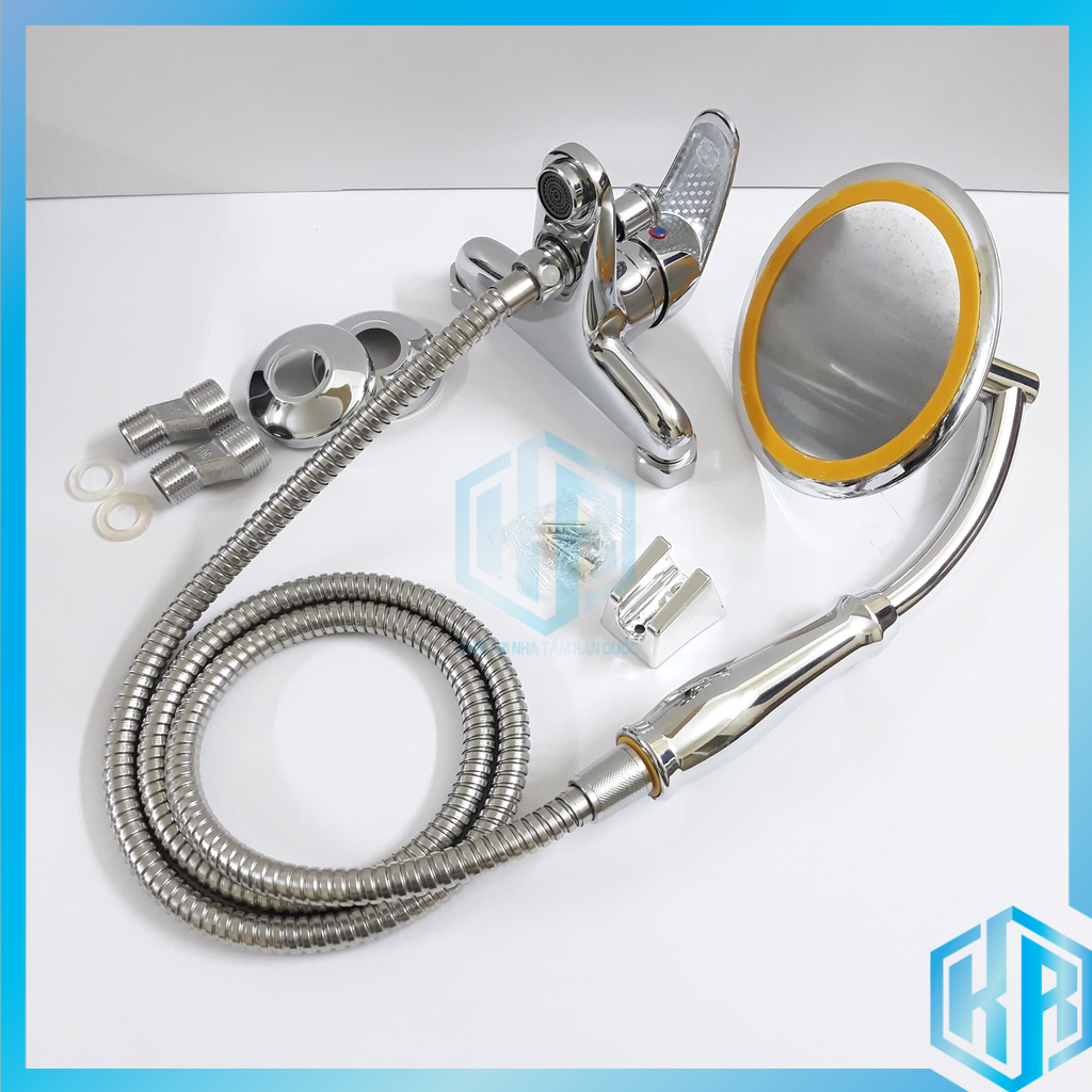Bộ đầy đủ Củ sen nóng lạnh bằng đồng và Tay sen tăng áp loại to mặt 15cm tay cong chỉnh góc mặt sen linh hoạt