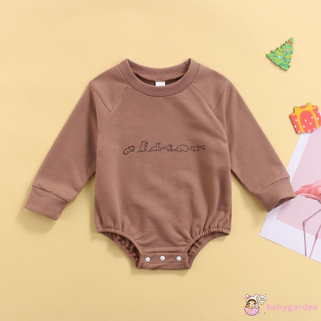 Áo Liền Quần Tay Dài Cổ Tròn In Hình Khủng Long Hoạt Hình Cho Bé 0-24 Tháng Tuổi