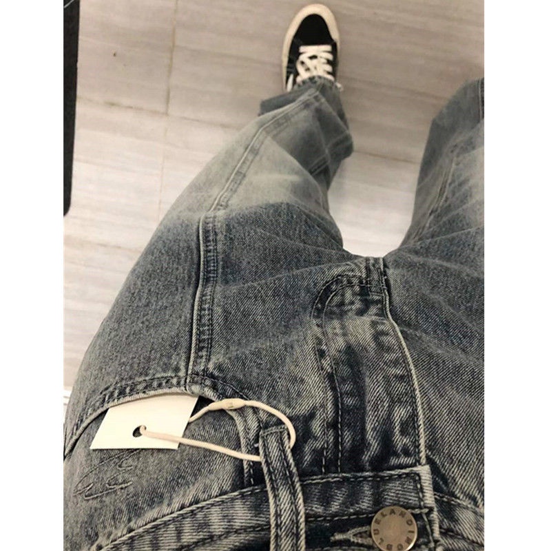 Quần jeans eo cao ống đứng thiết kế túi hai đường may phong cách retro Mỹ cho nữ