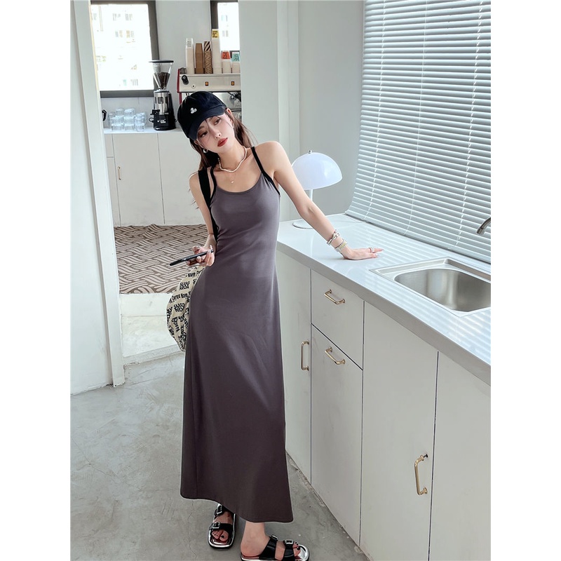 [Linin] Đầm Hai Dây Dáng Dài Qua Gối Ôm Sát Phong Cách Retro Mới Cho Nữ