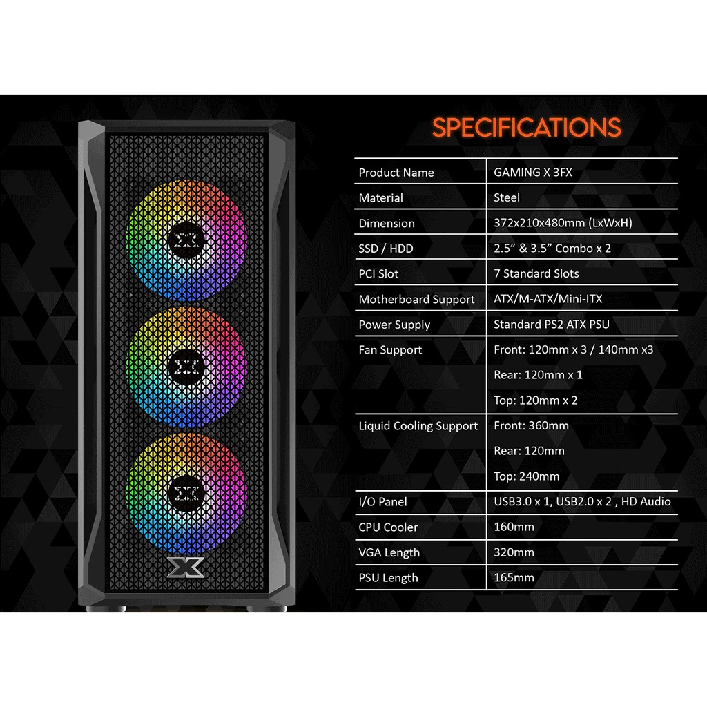 Vỏ case PC Gaming X: ATX, kính cường lực, tặng 3 fan aRGB