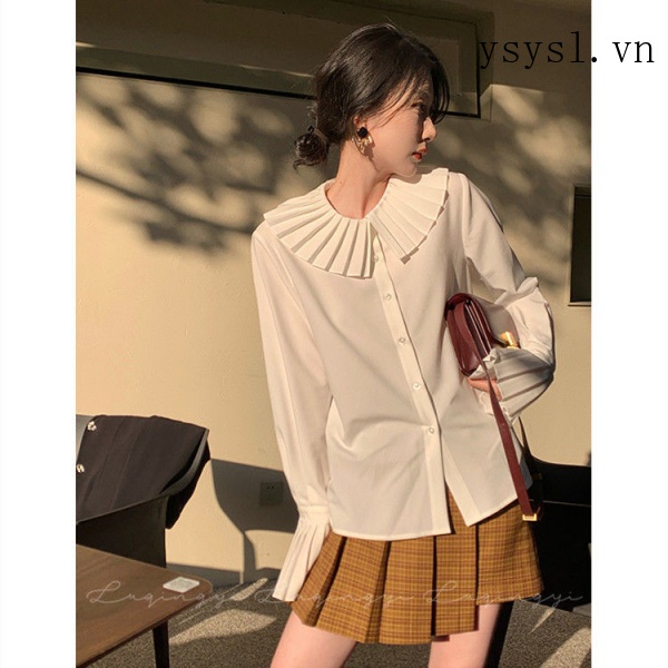 Áo Sơ Mi Tay Dài Cổ Búp Bê Viền Bèo Màu Trắng Phong Cách Retro Thời Trang Cho Nữ