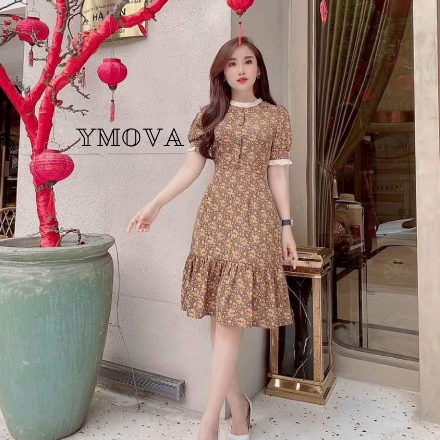 Váy hoa nhí chữ a đầm hoa nhí đẹp phối cổ bèo Thời trang YMOVA