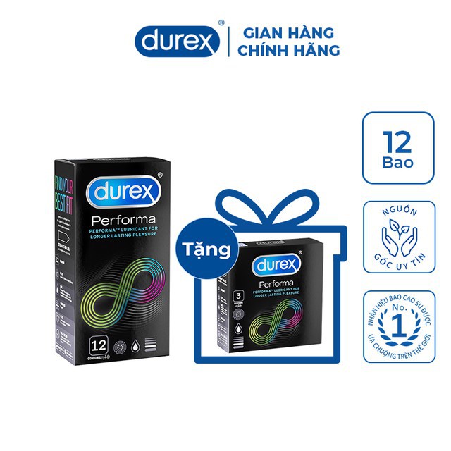 [SHOP MỚI SALE GIÁ GỐC][CHÍNH HÃNG] Hộp Bao cao su Durex Performa 12 cái + Tặng 1 Bao cao su Durex Performa 3 cái