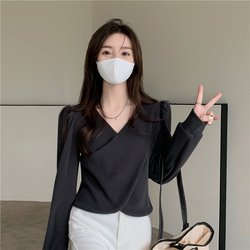 Áo Thun Lửng Tay Dài Cổ V Màu Nâu Phong Cách Retro Dành Cho Nữ