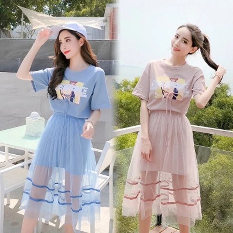 Set đầm thun suông tay ngắn in hình và chân váy lưới trẻ trung và duyên dáng cho nữ | BigBuy360 - bigbuy360.vn