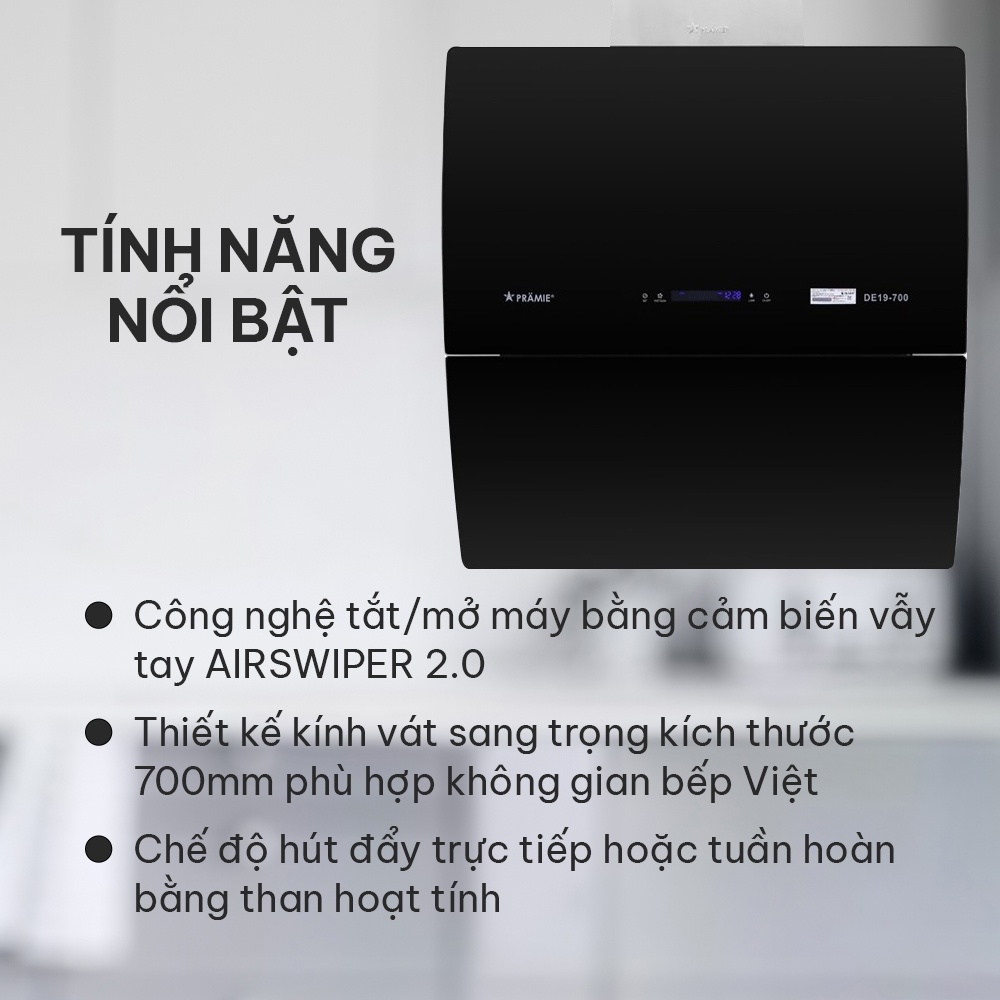 Máy hút mùi kính Vát DE19-700 máy hút mùi bếp cảm ứng điều khiển không chạm, bọ lọc than hoạt tính, hoạt động êm ái