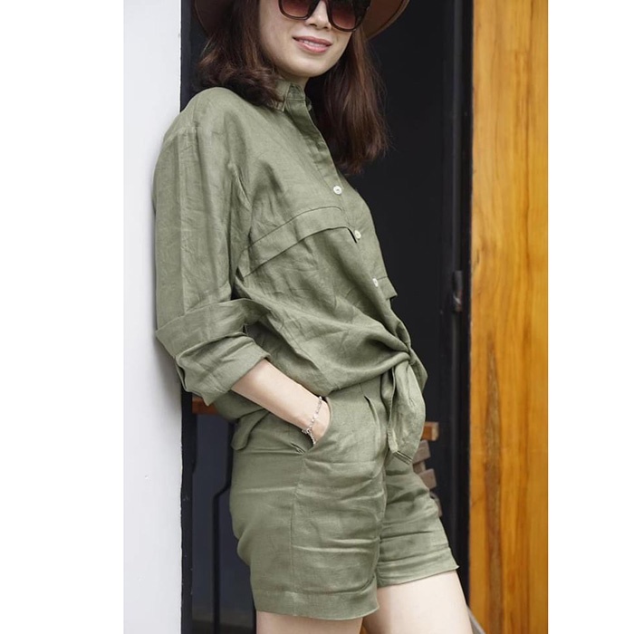 Set bộ áo sơ mi linen form rộng dài tay kèm quần short trẻ trung, thời trang hè thu 2022 - Xanh rêu