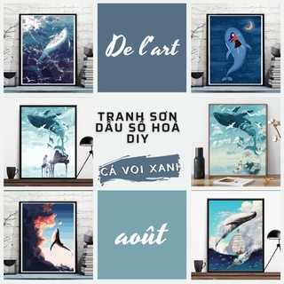 Tranh sơn dầu số hoá DIY đã căng khung chủ đề cá voi xanh kích thước 40x50