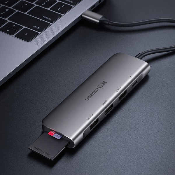 [Mã ELMS4 giảm 7% đơn 500K] [Mã ELMS4 giảm 7% đơn 500K] Cáp Chuyển USB-C Sang SD+TF+3 Cổng USB 3.0 Ugreen (50598)