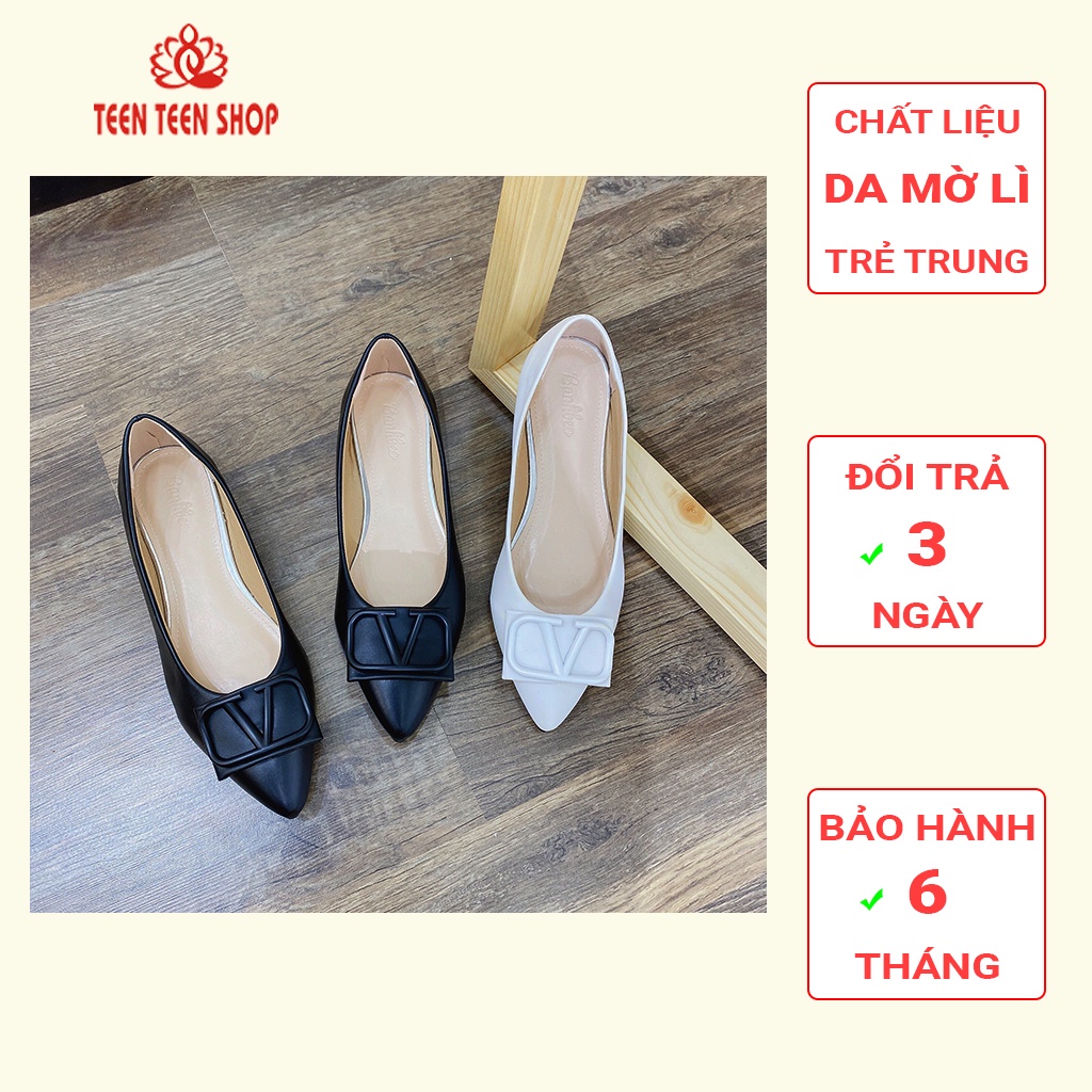 [ FREESHIP] Giầy búp bê nữ đế bệt mũi ngọn có tag logo, Giày lười nữ đế bệt chất da lì mềm deo, giá rẻ, Teen Teen Shop.