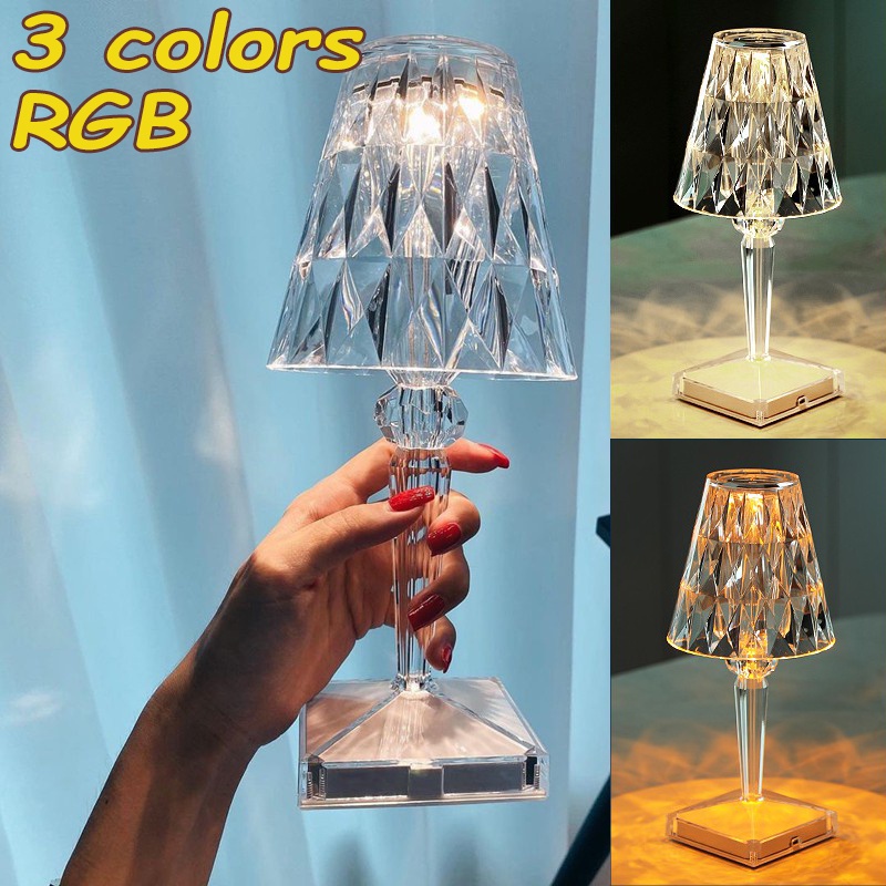 【1 đèn 3 màu】 Pha lê Ý Đèn bàn kim cương USB Sạc mạng Ánh sáng đỏ Acrylic LED Trang trí đầu giường Đèn pha lê Điều khiển dây đèn Pha lê Đèn bàn pha lê kim cương